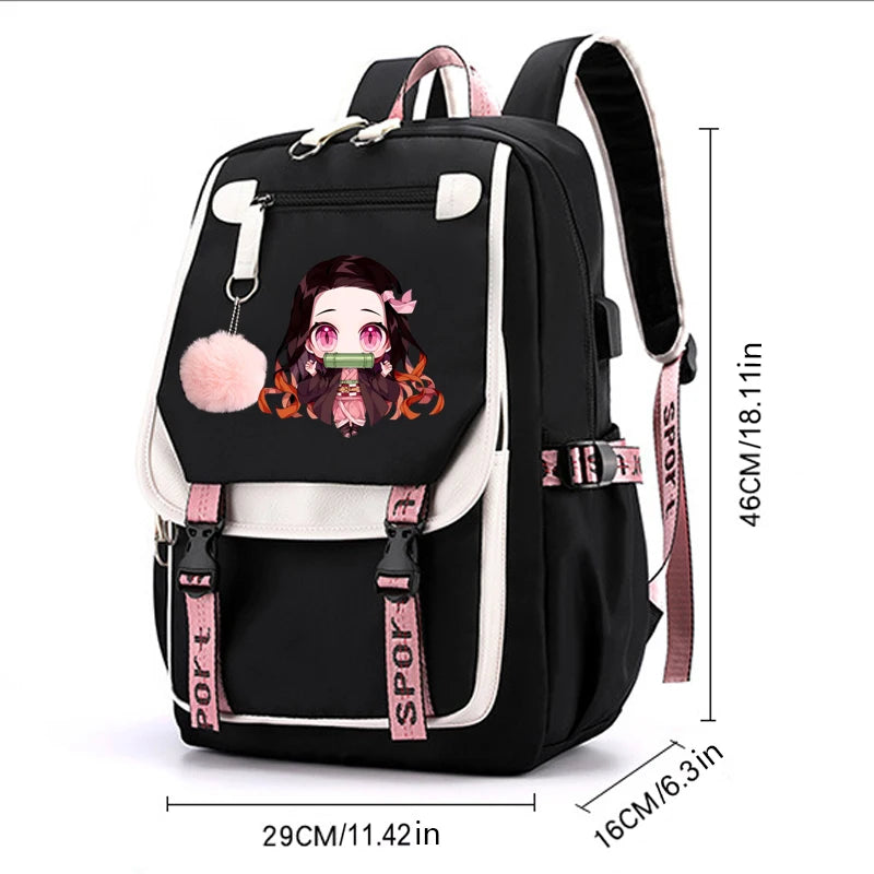 Demon Slayer Kamado Nezuko Mochila USB 18” para Notebook, Escola e Viagem – Cosplay, Teens, Patchwork