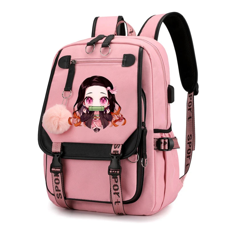 Demon Slayer Kamado Nezuko Mochila USB 18” para Notebook, Escola e Viagem – Cosplay, Teens, Patchwork