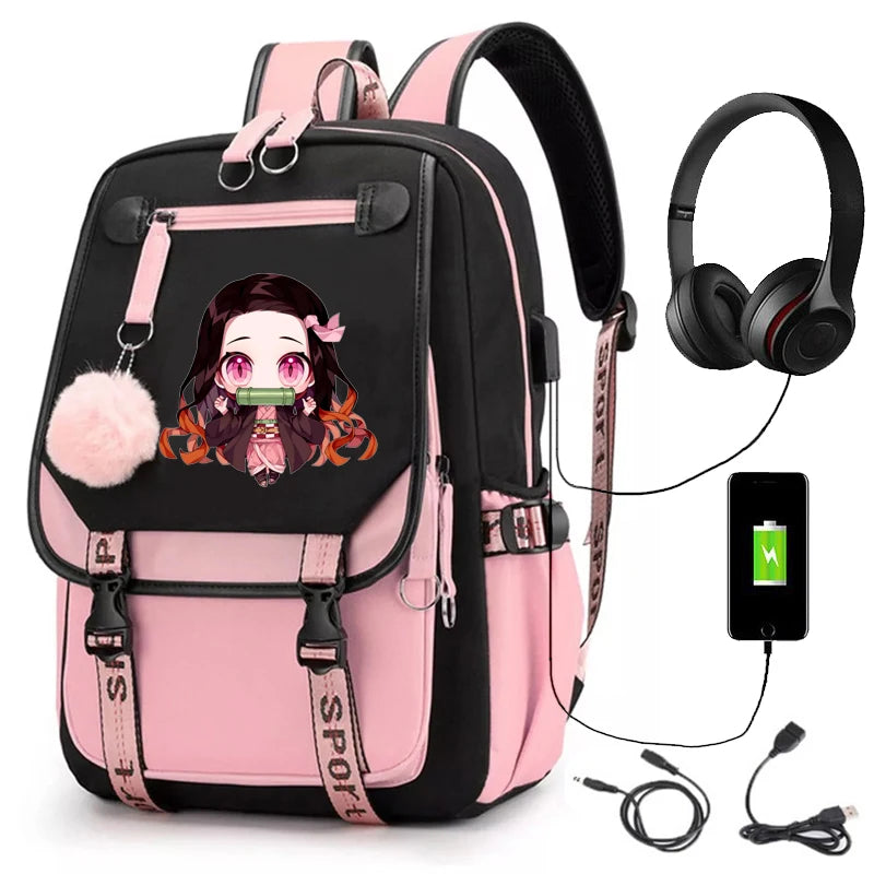 Demon Slayer Kamado Nezuko Mochila USB 18” para Notebook, Escola e Viagem – Cosplay, Teens, Patchwork